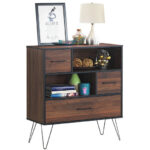 Walnut Storage Cabinet with Drawer, Shelves, and Metal Legs