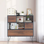Walnut Storage Cabinet with Drawer, Shelves, and Metal Legs