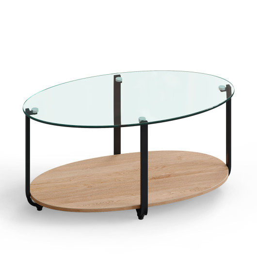 Modern 2-Tier Glass Oval Coffee Table with Wooden Shelf 3 Modern 2-Tier Glass Oval Coffee Table with Wooden Shelf - Image 3