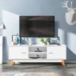 Mid-Century White Wooden TV Stand with Storage Cabinets and Shelves 9 Mid-Century White Wooden TV Stand with Storage Cabinets and Shelves