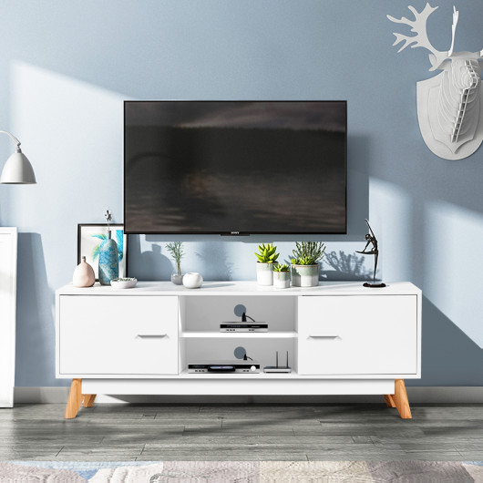 Mid-Century White Wooden TV Stand with Storage Cabinets and Shelves 2 Mid-Century White Wooden TV Stand with Storage Cabinets and Shelves - Image 2