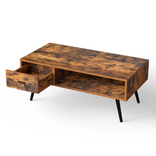 Retro Coffee Table with Drawer and Storage Shelf Rustic Brown 4 Retro Coffee Table with Drawer and Storage Shelf Rustic Brown - Image 4