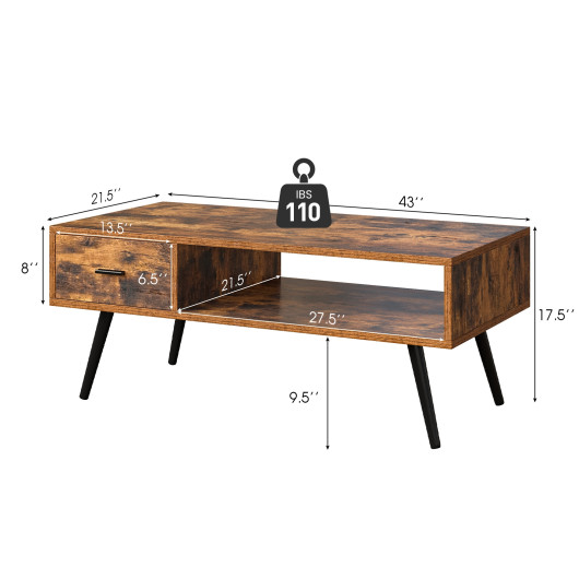 Retro Coffee Table with Drawer and Storage Shelf Rustic Brown 5 Retro Coffee Table with Drawer and Storage Shelf Rustic Brown - Image 5