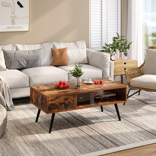 Retro Coffee Table with Drawer and Storage Shelf Rustic Brown 2 Retro Coffee Table with Drawer and Storage Shelf Rustic Brown - Image 2