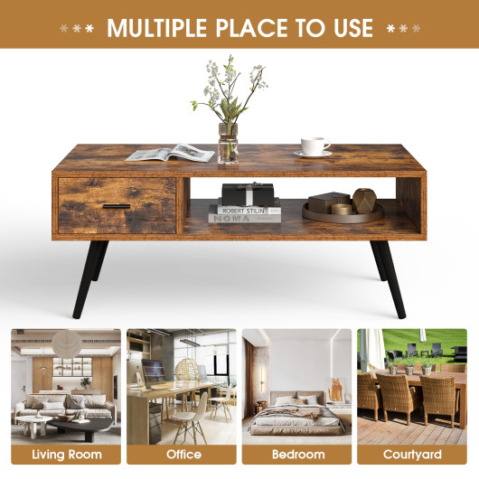 Retro Coffee Table with Drawer and Storage Shelf Rustic Brown 6 Retro Coffee Table with Drawer and Storage Shelf Rustic Brown - Image 6