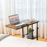 Adjustable C Shaped Side Table with Wheels and Storage Shelves
