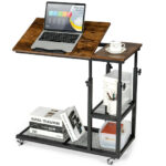 Adjustable C Shaped Side Table with Wheels and Storage Shelves