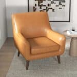 Tan Leather Mid-Century Modern Lounge Chair with Solid Wood Frame
