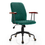 Velvet Office Chair with Wooden Armrests and Rocking Backrest