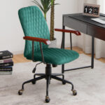 Velvet Office Chair with Wooden Armrests and Rocking Backrest
