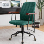 Velvet Office Chair with Wooden Armrests and Rocking Backrest