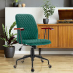 Velvet Office Chair with Wooden Armrests and Rocking Backrest