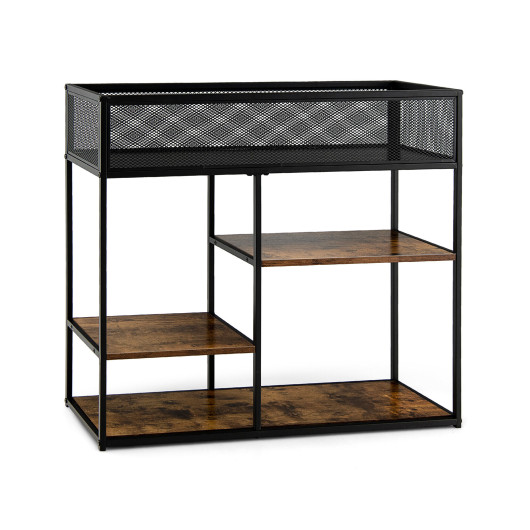 Rustic Brown Industrial Console Table with Wire Basket and Shelves 3 Rustic Brown Industrial Console Table with Wire Basket and Shelves - Image 3
