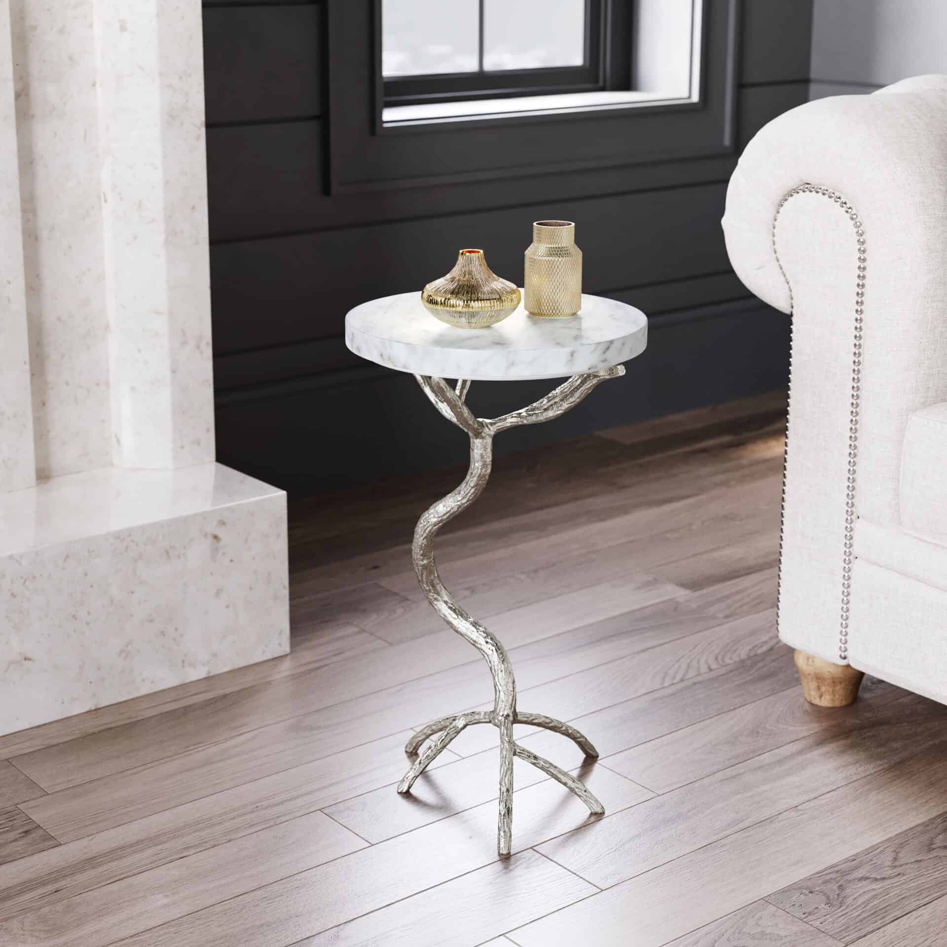 Modern White Marble Top Side Table with Silver Cast Frame 1 Modern White Marble Top Side Table with Silver Cast Frame