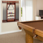 Wall-Mounted Pine Wood Billiards Pool Cue Rack with Shelves