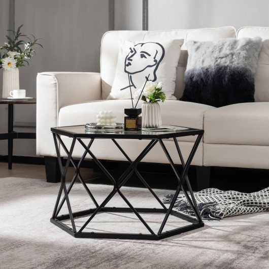 Modern Geometric Glass Coffee Table with Black Metal Base 6 Modern Geometric Glass Coffee Table with Black Metal Base - Image 6