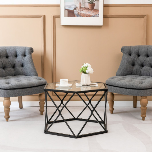 Modern Geometric Glass Coffee Table with Black Metal Base 2 Modern Geometric Glass Coffee Table with Black Metal Base - Image 2