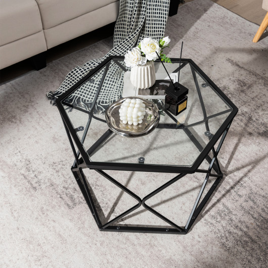 Modern Geometric Glass Coffee Table with Black Metal Base 7 Modern Geometric Glass Coffee Table with Black Metal Base - Image 7