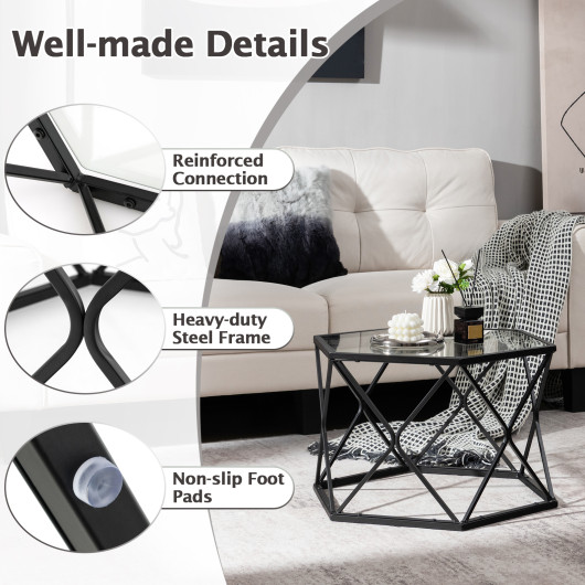 Modern Geometric Glass Coffee Table with Black Metal Base 5 Modern Geometric Glass Coffee Table with Black Metal Base - Image 5