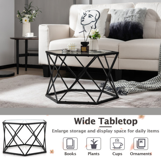 Modern Geometric Glass Coffee Table with Black Metal Base 3 Modern Geometric Glass Coffee Table with Black Metal Base - Image 3