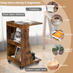 Rolling C Shaped End Table with Storage and Wheels