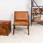 Tan Leather Mid-Century Modern Lounge Chair With Walnut Legs and Nailhead Trim