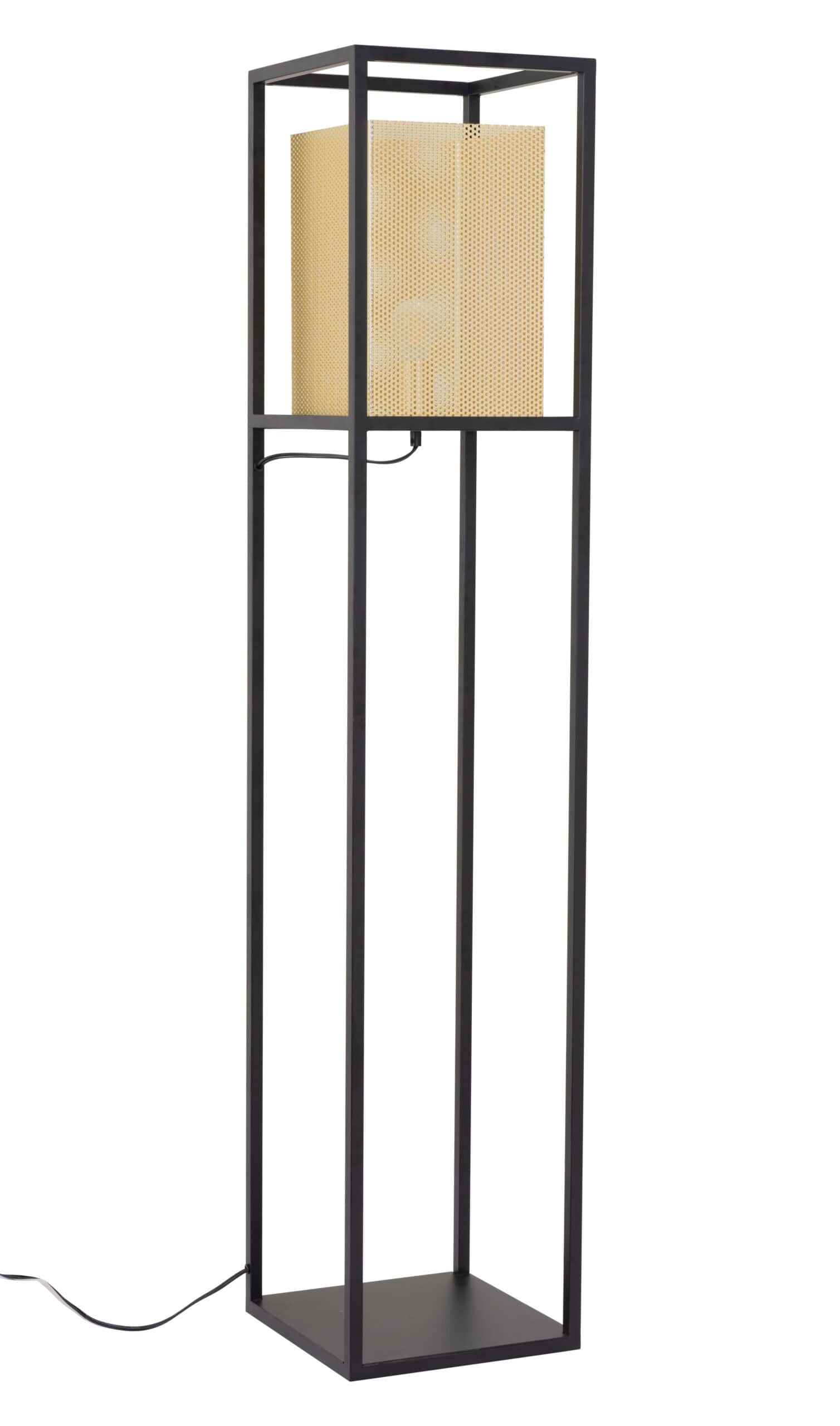 Gold and Black Floor Lamp with Steel Frame and Perforated Shade 10 Gold and Black Floor Lamp with Steel Frame and Perforated Shade