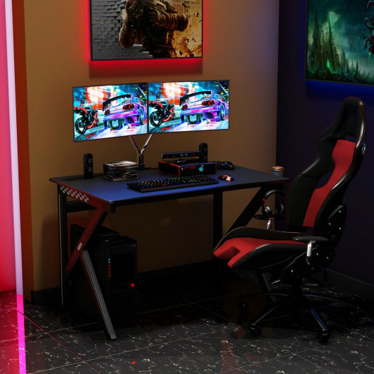 K-Shaped Gaming Desk with Cup, Headphone, and Power Holders