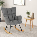 Linen Rocking Chair with High Backrest and Padded Armrests