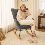 Linen Rocking Chair with High Backrest and Padded Armrests