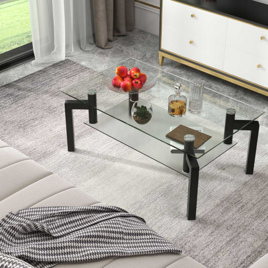Modern 2-Tier Glass Coffee Table with Metal Legs Black 2 Modern 2-Tier Glass Coffee Table with Metal Legs Black - Image 2