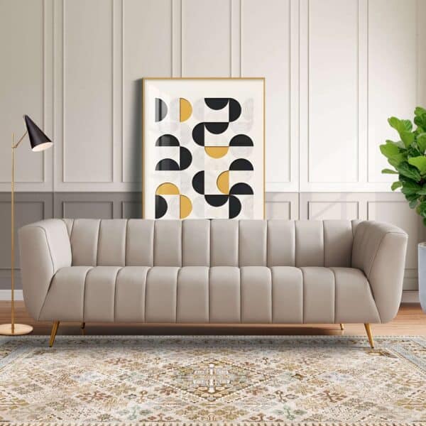 Grey Leather Mid-Century Modern Channel Tufted Sofa