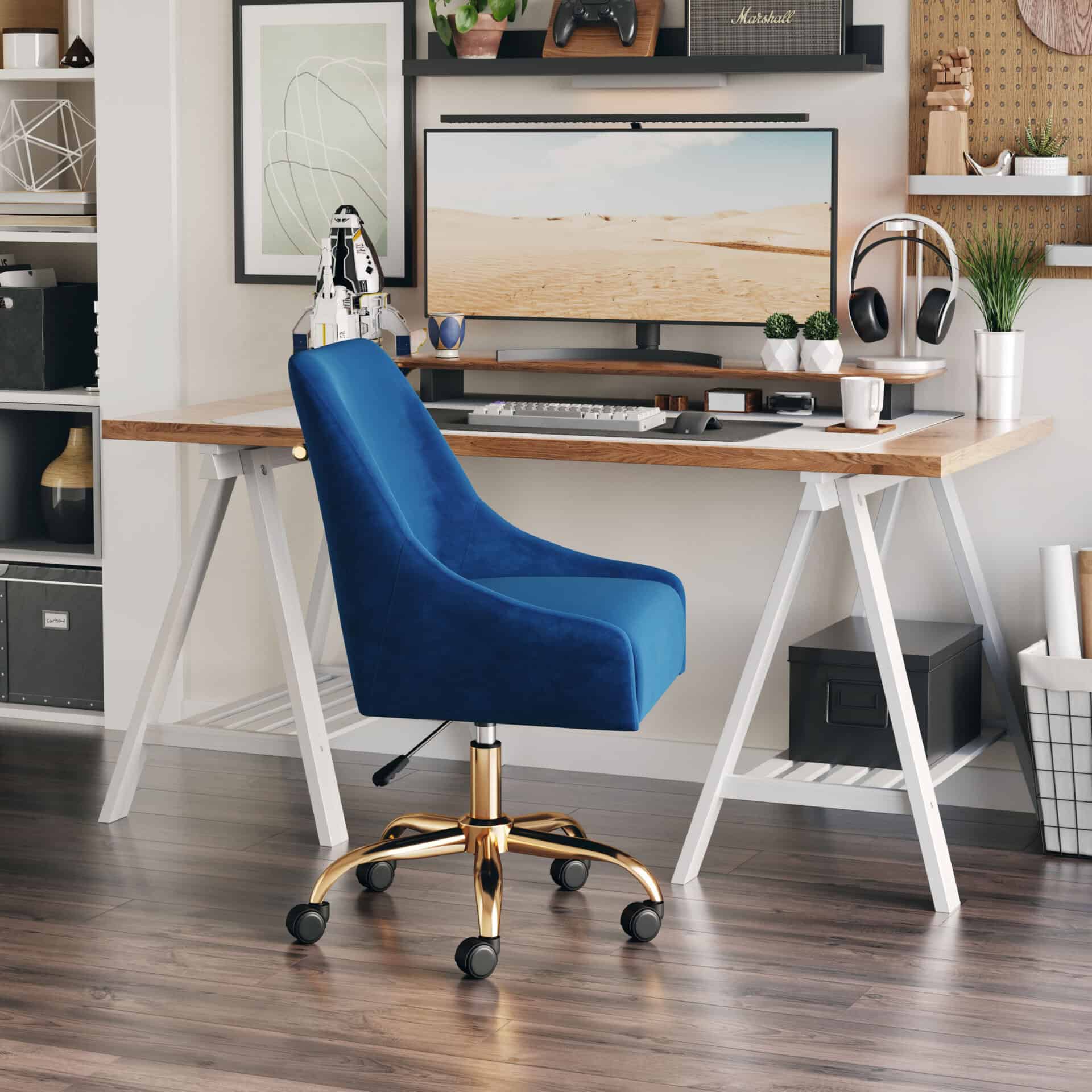 Navy Blue Velvet Office Chair with Gold Base and Adjustable Height 1 Navy Blue Velvet Office Chair with Gold Base and Adjustable Height