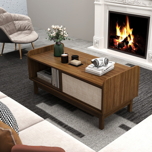 Mid-Century Walnut Coffee Table with Sliding Doors and Storage 2 Mid-Century Walnut Coffee Table with Sliding Doors and Storage - Image 2