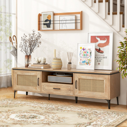 Mid Century Modern Oak TV Stand with Cabinets and Drawer 2 Mid Century Modern Oak TV Stand with Cabinets and Drawer - Image 2