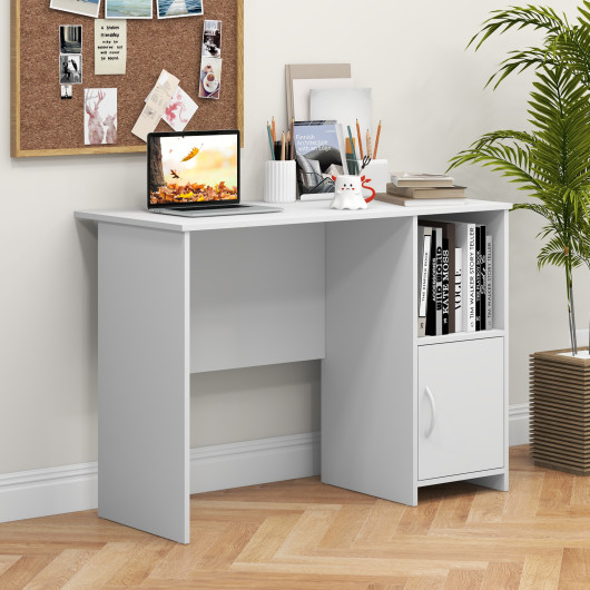 Modern White Computer Desk with Storage Cabinet and Open Shelf