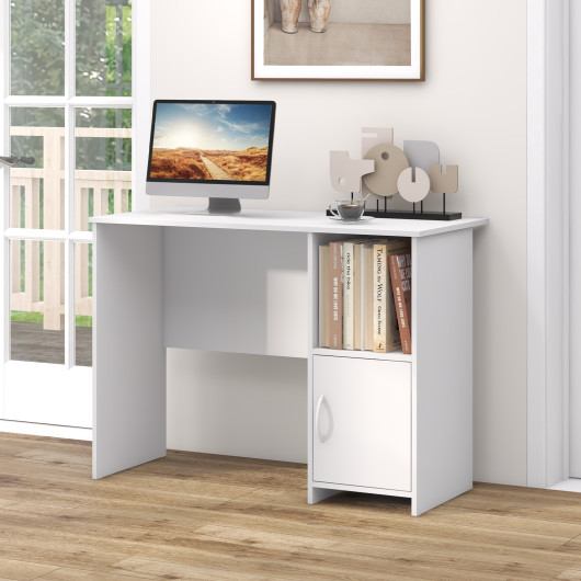 Modern White Computer Desk with Storage Cabinet and Open Shelf - Cave ...
