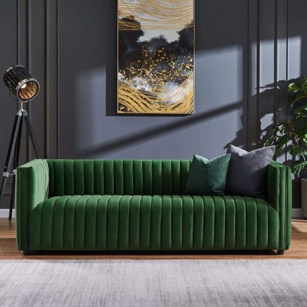Green Velvet Tufted Sofa with Walnut Wood Legs