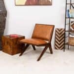 Tan Leather Mid-Century Modern Lounge Chair With Walnut Legs and Nailhead Trim