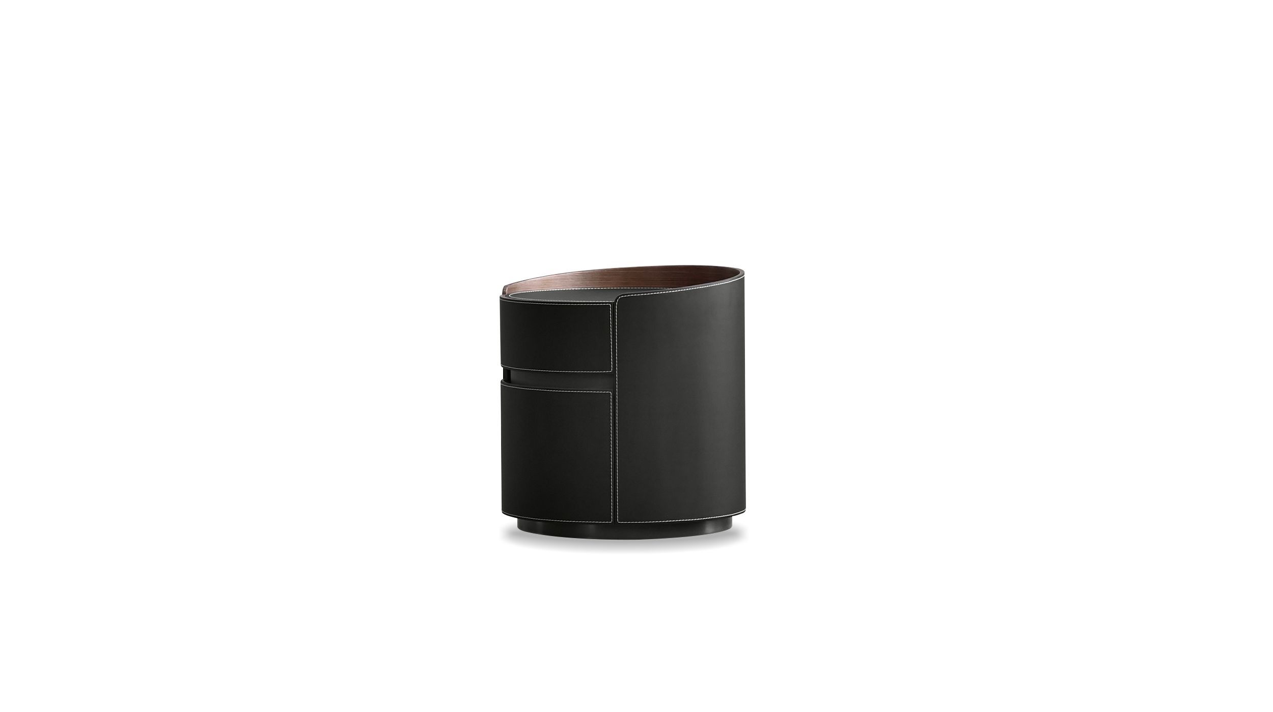 merc black leather round side table with soft closing drawer