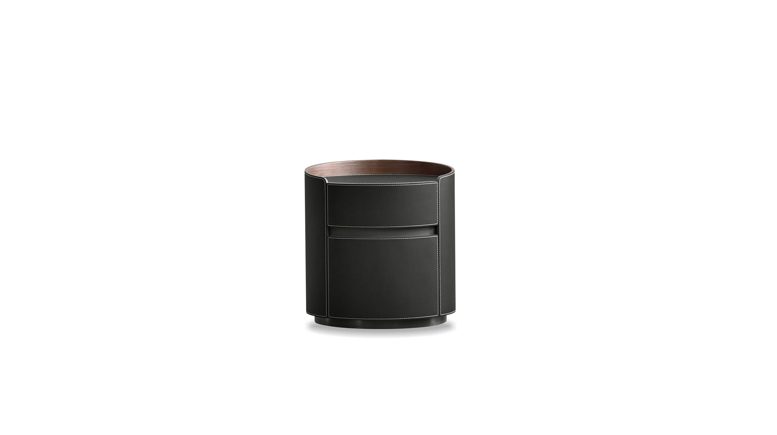 merc black leather round side table with soft closing drawer