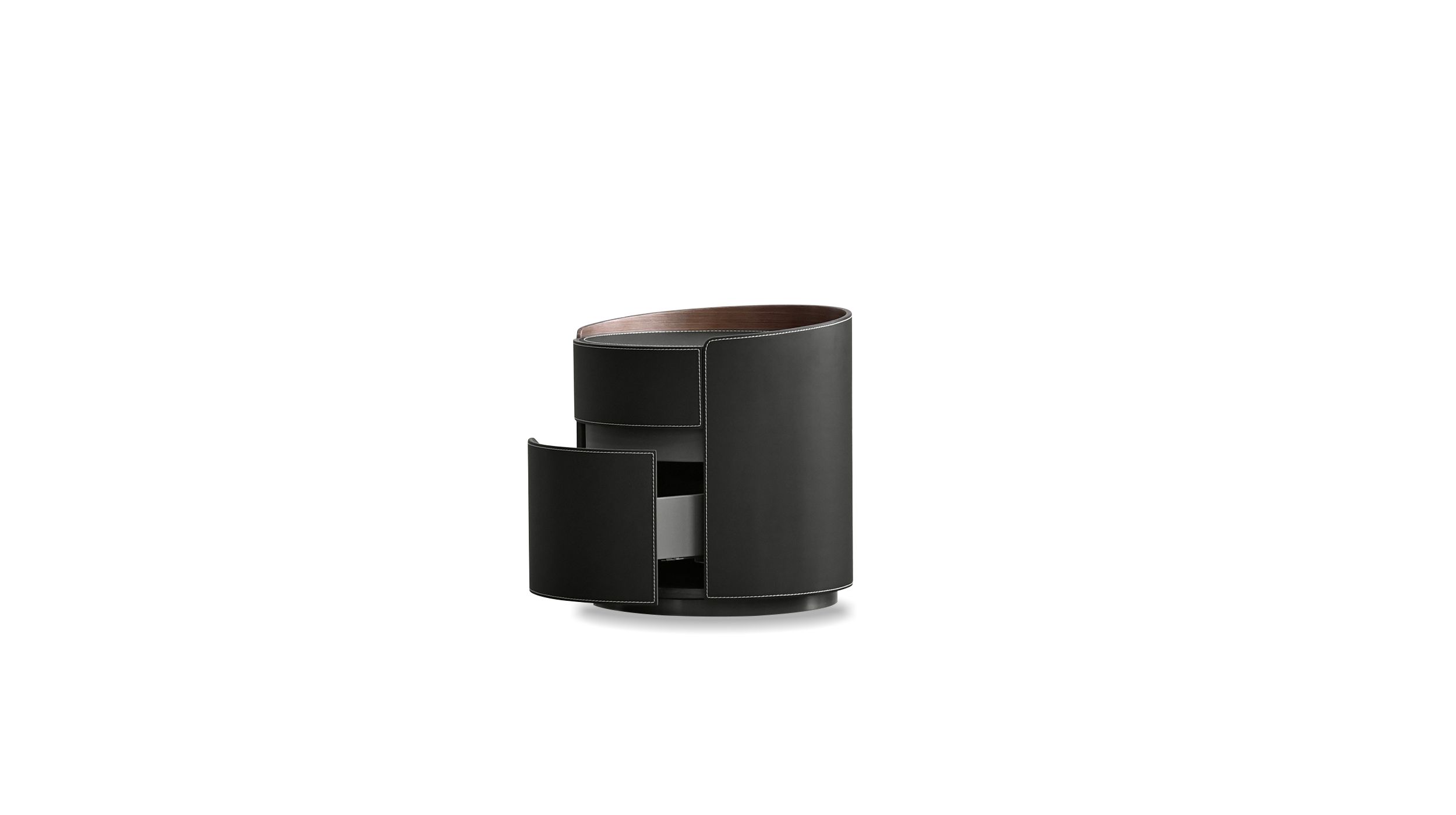 merc black leather round side table with soft closing drawer