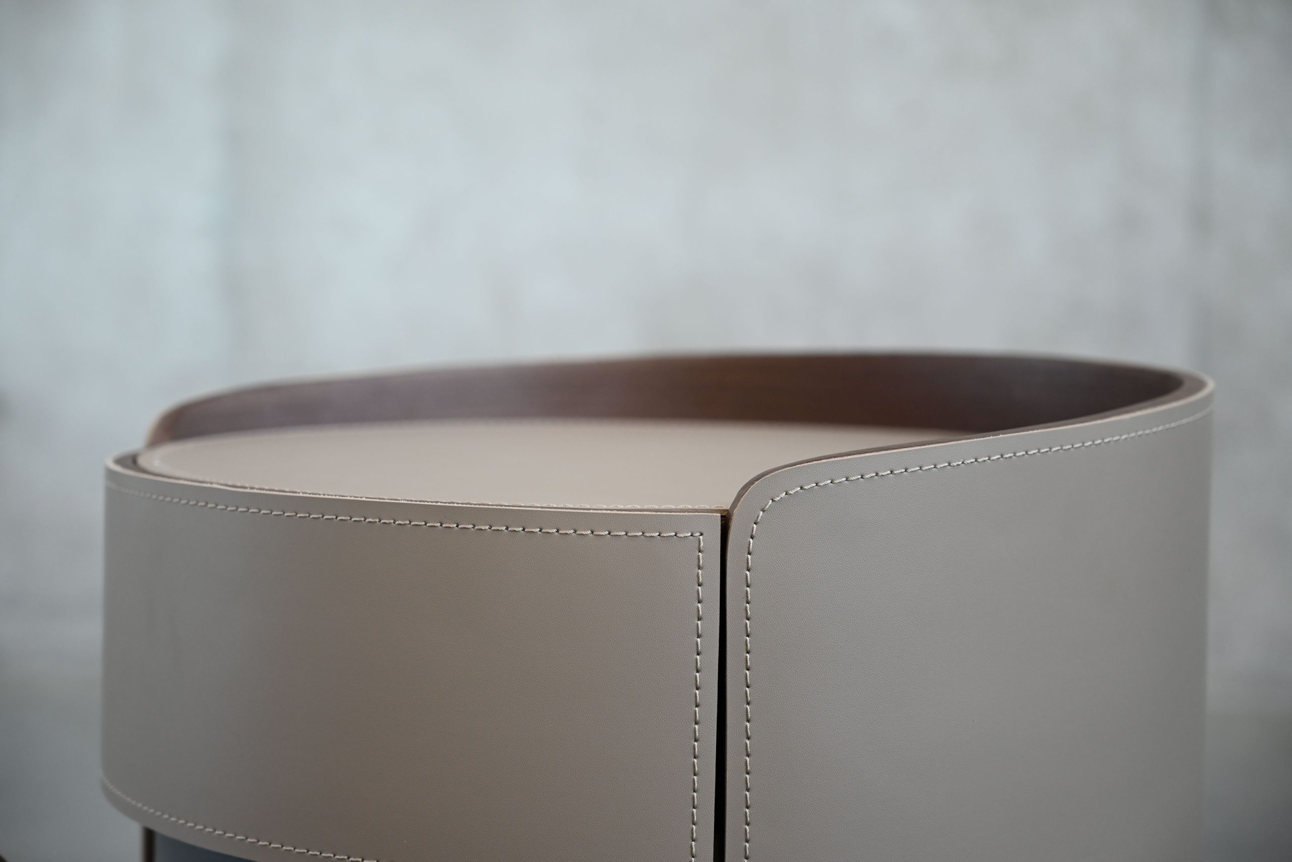 merc round side table sand leather with soft close drawer