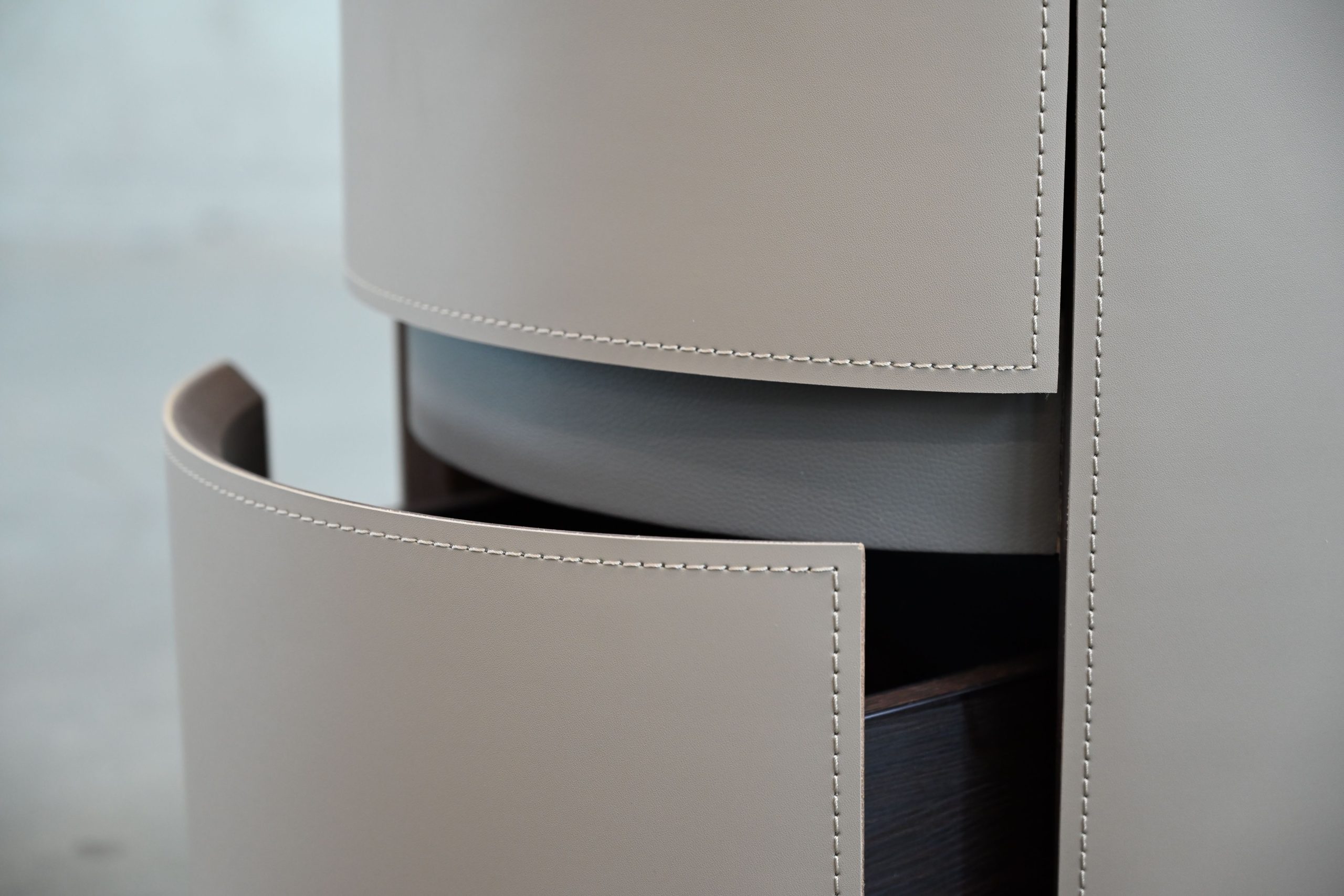 merc round side table sand leather with soft close drawer