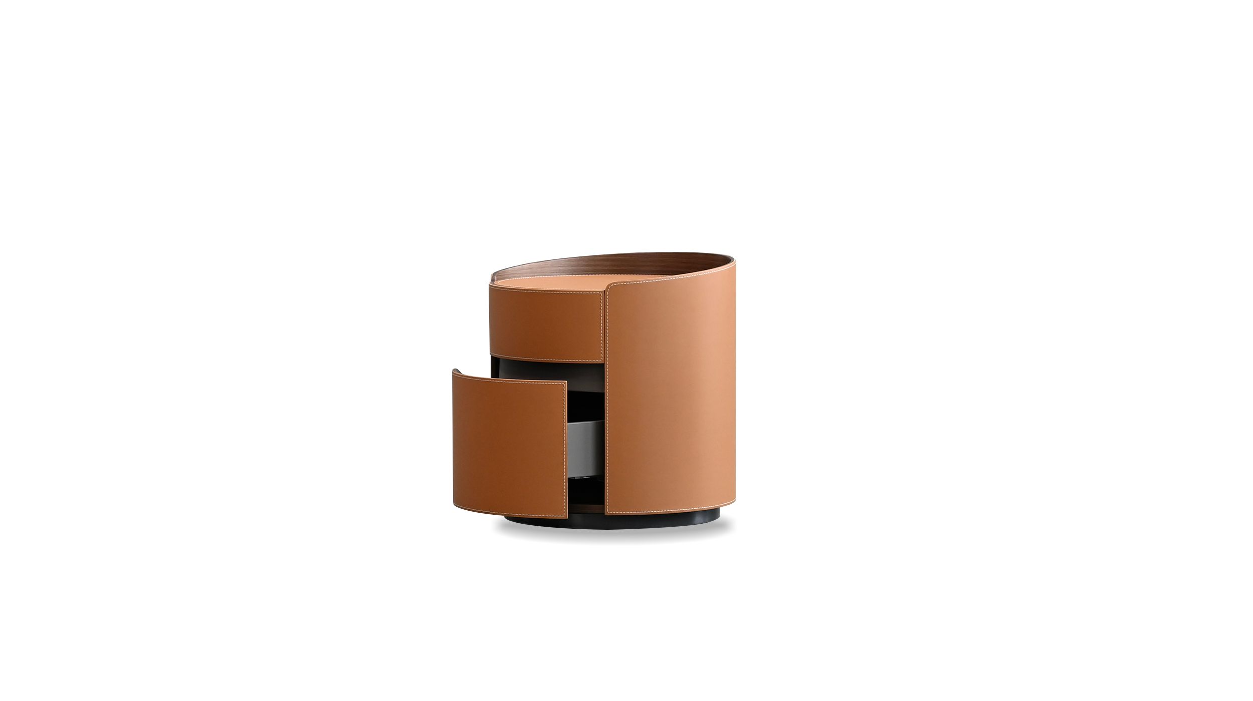 merc tan leather round side table with drawer