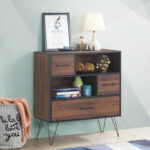 Walnut Storage Cabinet with Drawer, Shelves, and Metal Legs