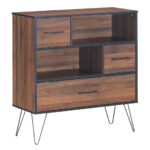 Walnut Storage Cabinet with Drawer, Shelves, and Metal Legs