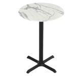 36-Inch Tall Indoor/Outdoor Table with 36-Inch Diameter White Marble Round Top, Black Wrinkle Base, and 30 x 30-Inch Diameter Foot