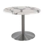 30-Inch Tall Indoor/Outdoor Table with 30-Inch Diameter White Marble Round Top, Stainless Steel Base, and 22-Inch Diameter Foot