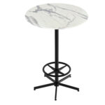 42-Inch Tall Indoor/Outdoor Table with 32-Inch Diameter White Marble Round Top, Black Wrinkle Base